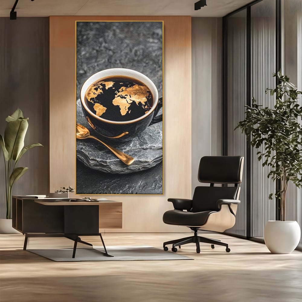 Tablou canvas cu tablou canvas cu ceasca de cafea si harta lumii, in rama de aluminiu auriu, pe perete intr-un birou